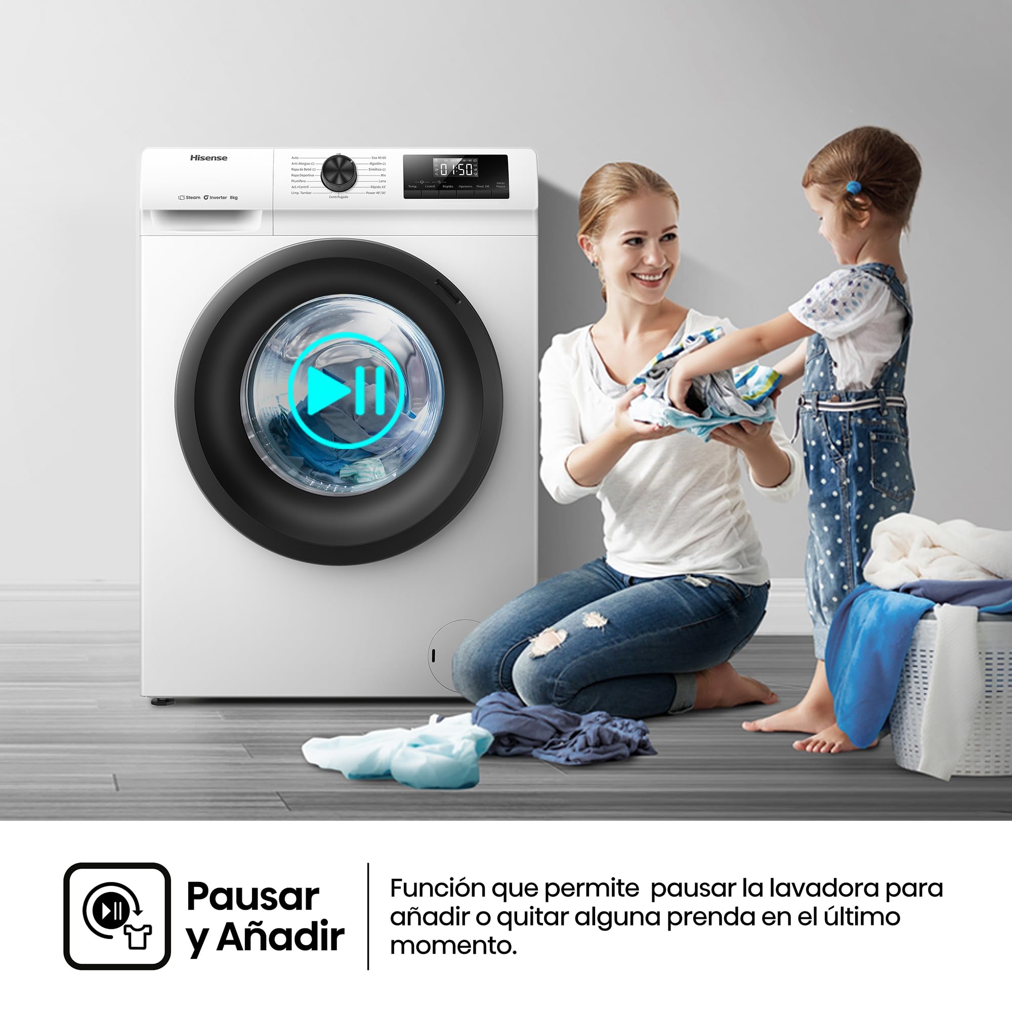 Hisense WF1Q8041BW - Lavadora, Class A, 8 Kg, 1400 rpm, Alto 85 cm x Ancho 60 cm, Color Blanco, Función Vapor 99,9%, Lavado Rápido+, Lavado Automático, Finalización Diferida, Tecnología Inverter