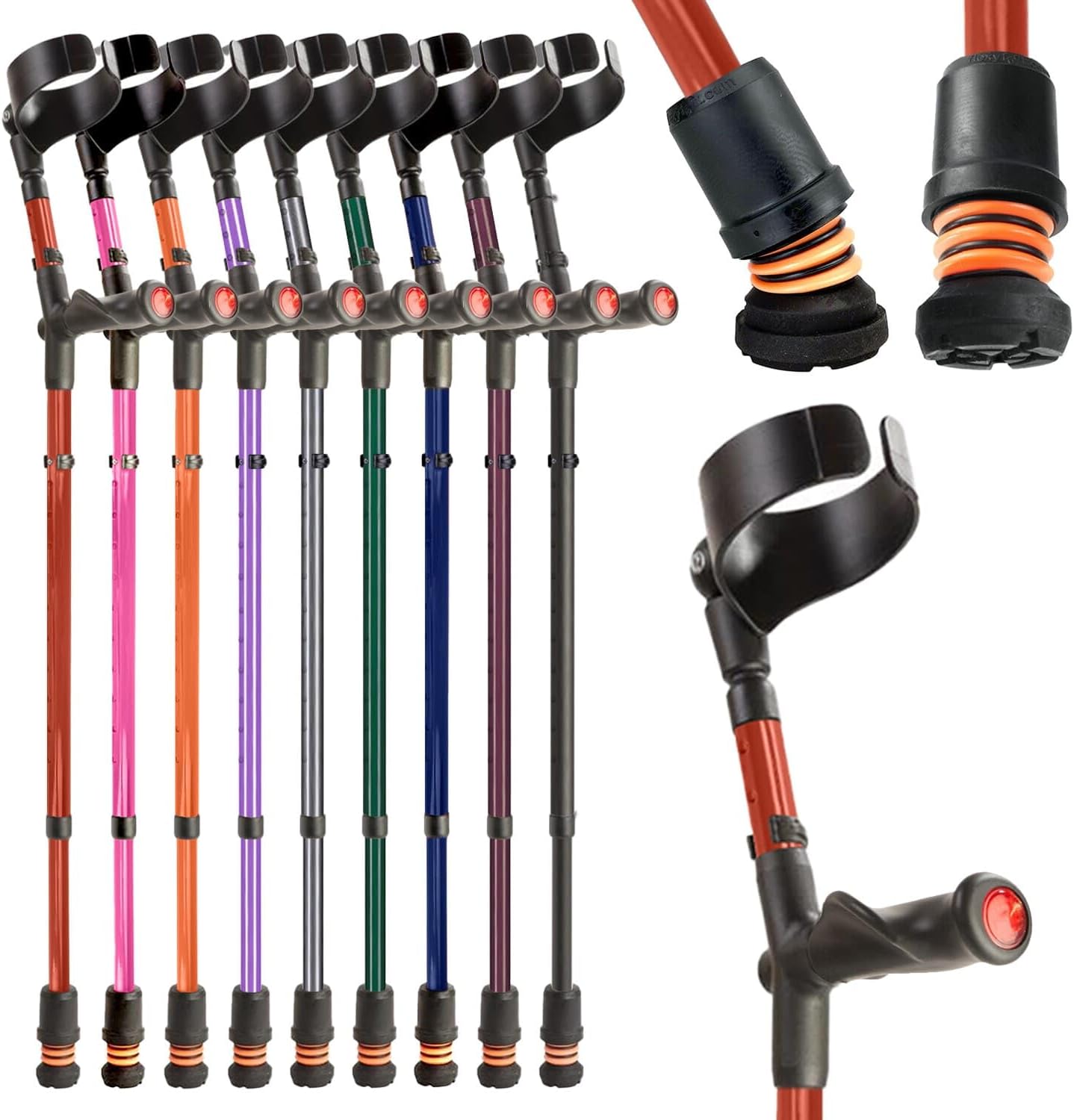 Flexyfoot Shock Absorbing Comfy Grip Double Adjustable Crutch - Improves Safety, Improves Grip, Reduces Shocks & Jarring – Left Handed - Red