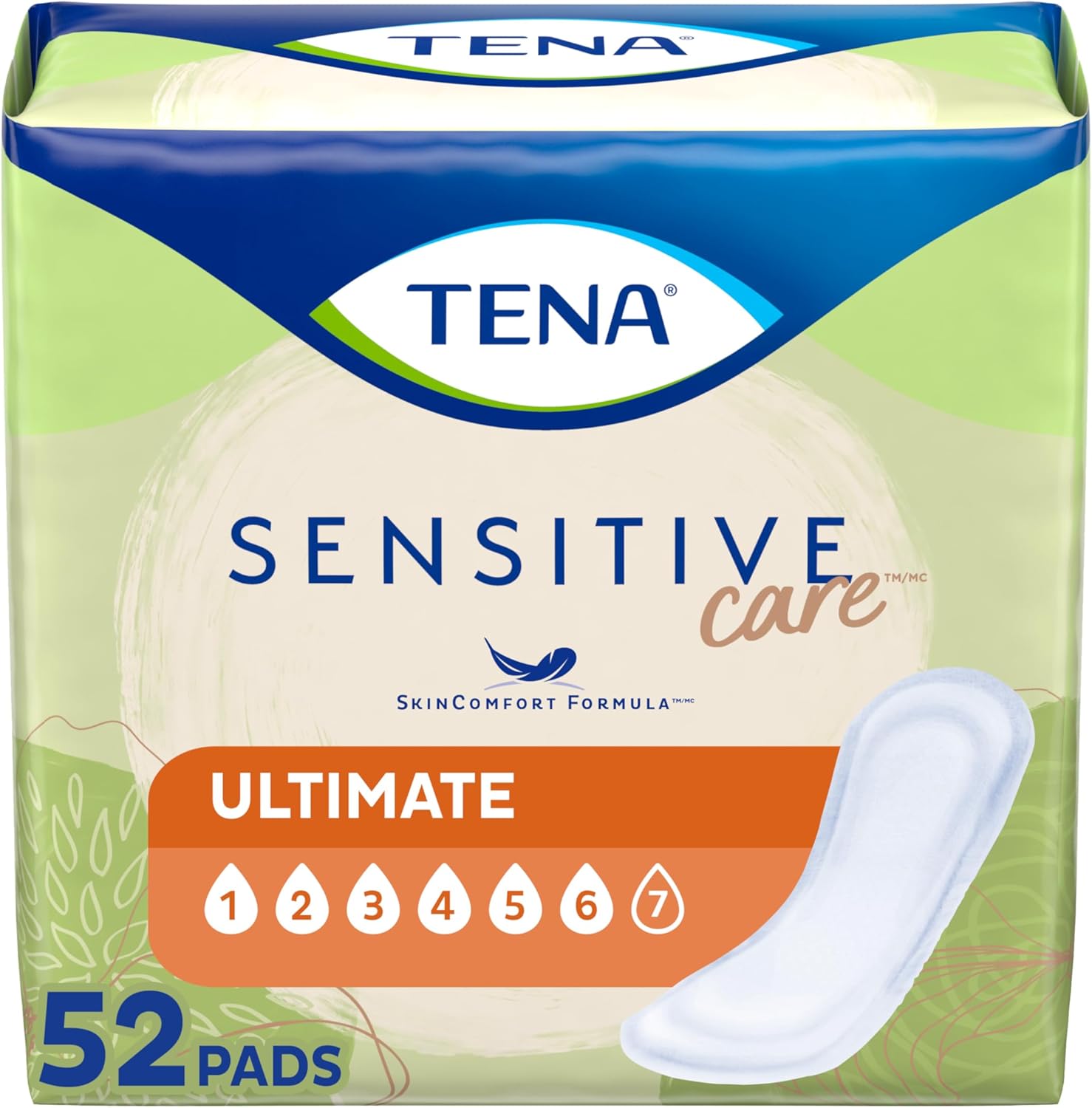 TENA Sensitive Care Incontinence Pads for Women, Bladder Control & Postpartum, Ultimate Absorbency, Regular Length, 52 Count Regular 52