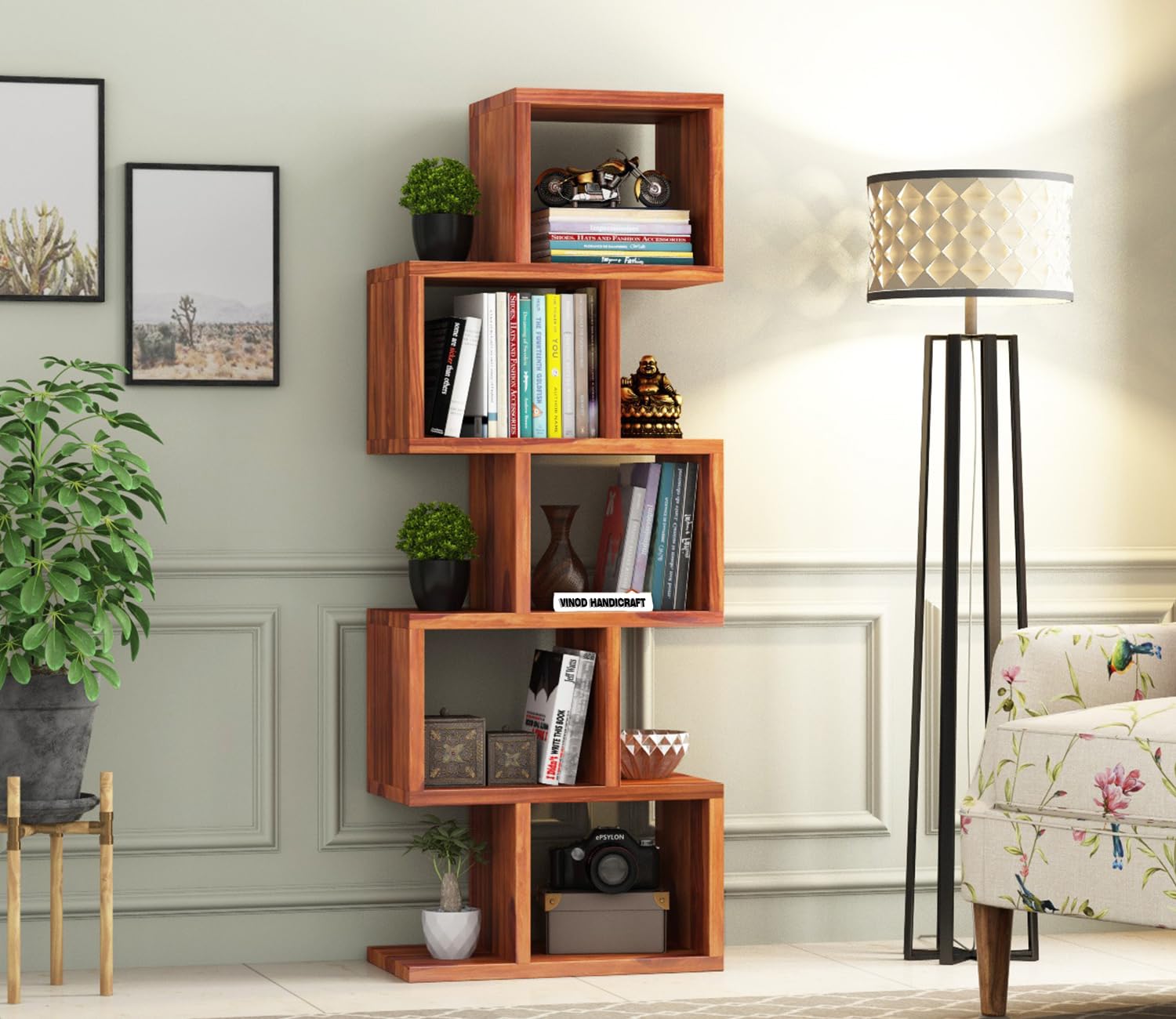 Sheesham Wood Bookshelf Home Decor Display & Storage Bookcase Rack for Living Room Office (Honey Finish)-image-23