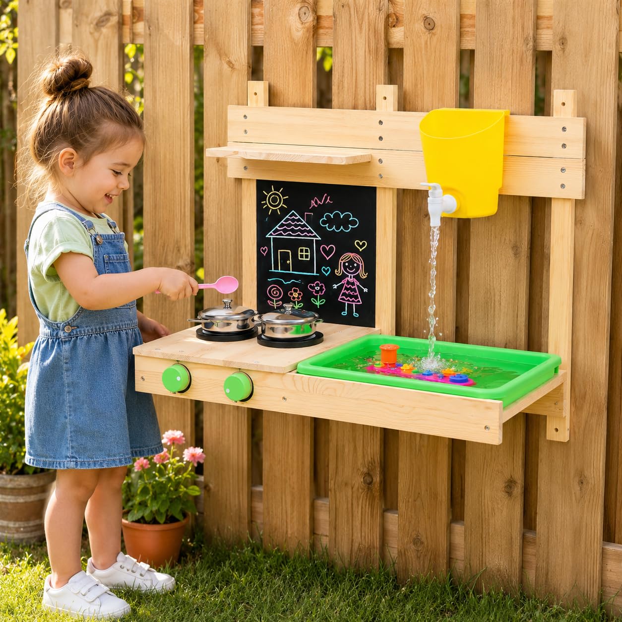 BlueWood Matschküche Kinder Outdoor, Kinderküche Holzspielzeug-Spielset mit, Spielfutter, Kochset und Matschküche Zubehör, Spielküche für Rollenspiel ab 3 Jahren Wandhängerversion