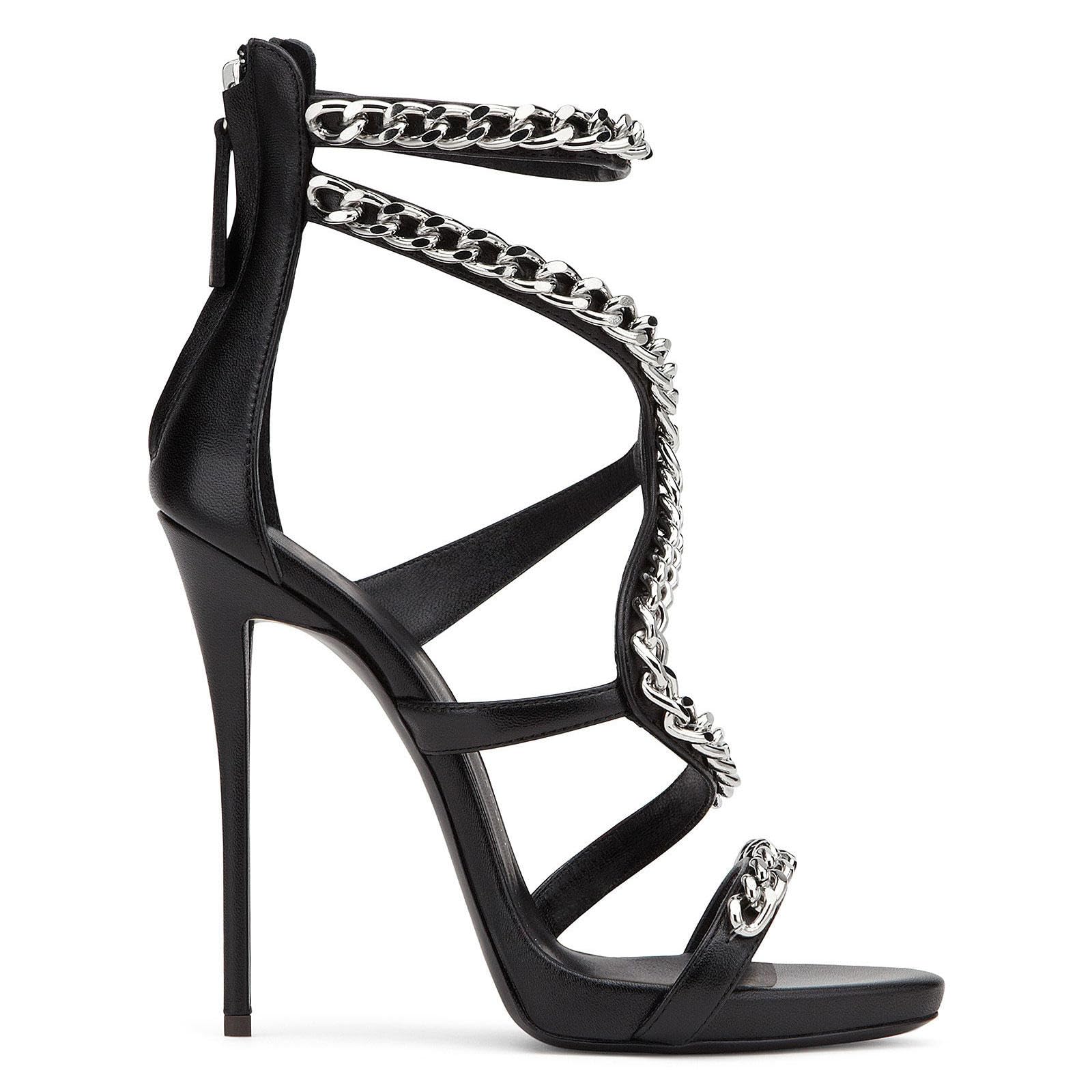 Talons Hauts Sandales Talon Aiguille Bout Ouvert Femme Fermeture Éclair Chaîne Chaussures Soirée Mariage Bal 12cm,Black-34