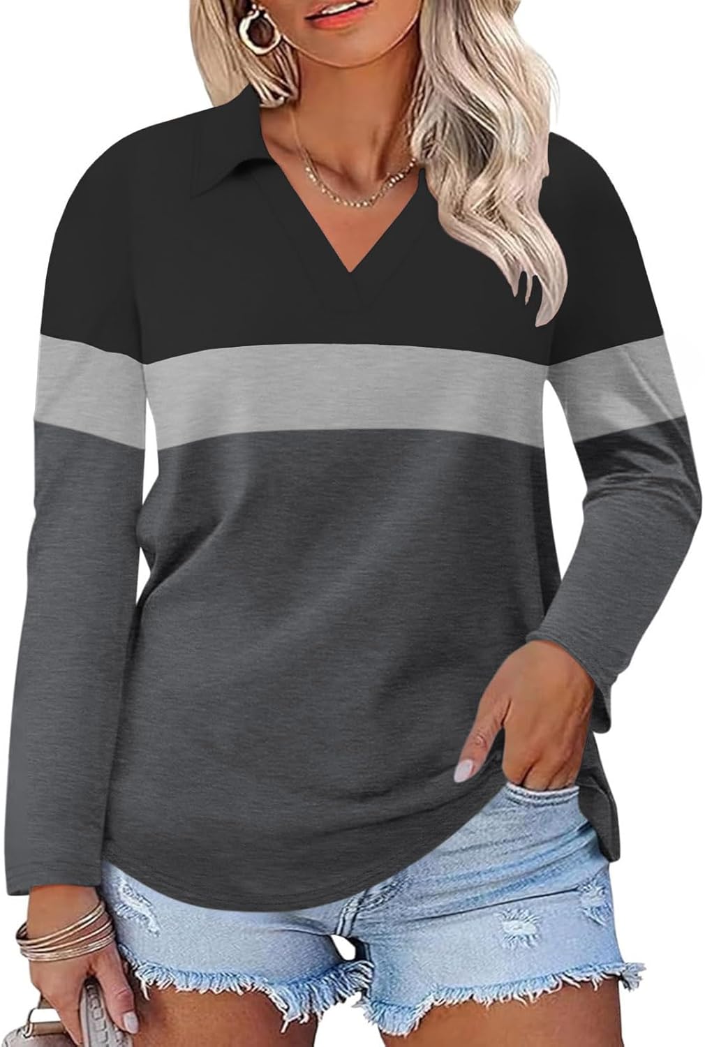 VISLILY Womens-Plus-Size-Tops Casual Collared V Neck Polo Shirts Flowy Long Sleeve Tunics Trendy Work Blouses XL-5XL