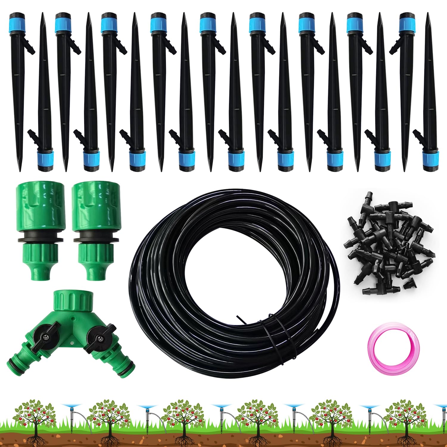 Drip Irrigation System, Push-to-Connect Adjustable Irrigation Set for Garden, Raised Beds Complete Garden Watering System 1/4” Emitters and 59ft Flexible Tubing, Quick Connectors (59)