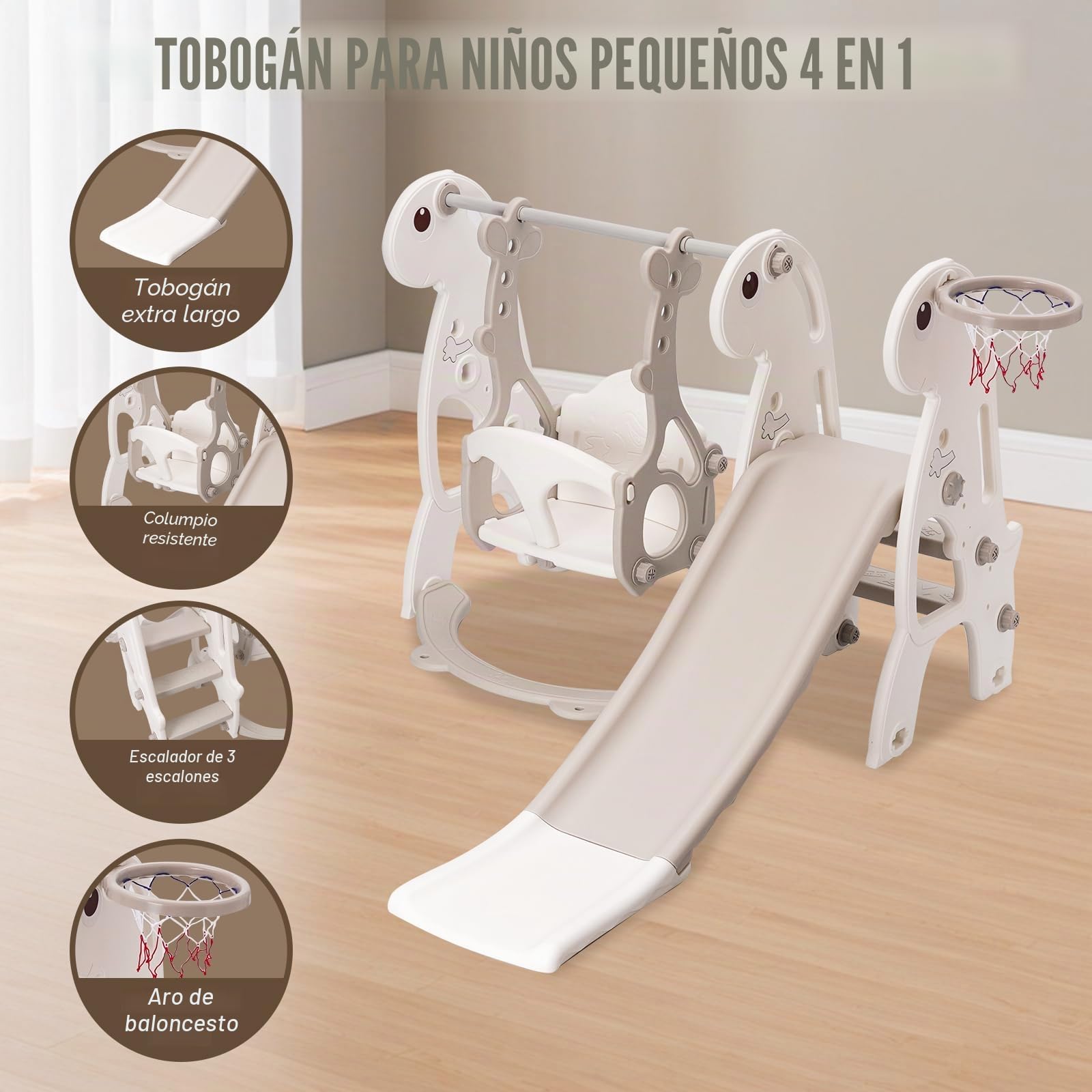 Toboganes Infantiles Exterior e Interior Juego Completo para Niños con Tobogán Canasta de Baloncesto y Columpio Ajustable en Altura (Gris)