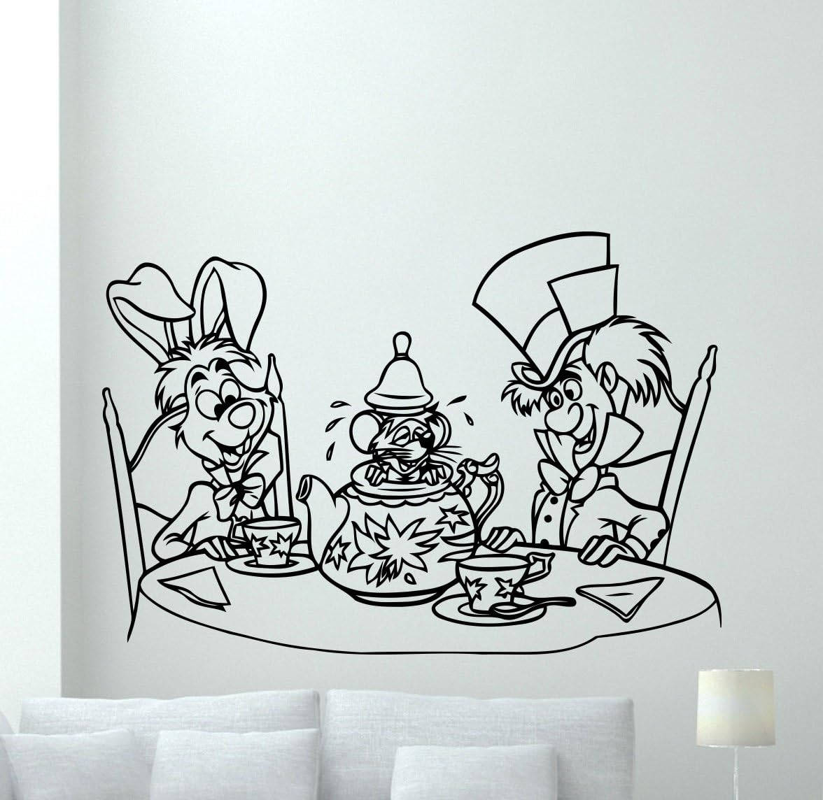 Alice in Wonderland Wall Decal Sticker Tea Party Tea Time White Rabbit Mad Hatter Vinyl Sticker Cartoon Wall Art Design Housewares Kids Boy Girl Room Bedroom Decor Removable Wall Mural 19crt
