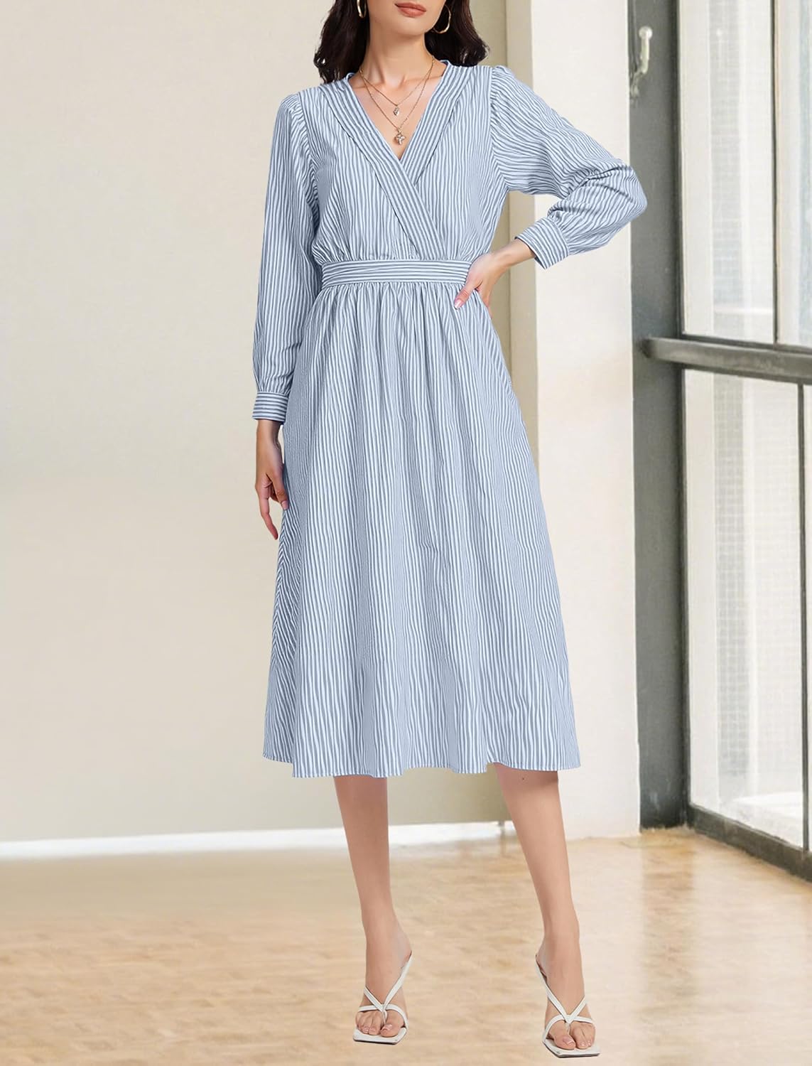 Women's Long Sleeve V Neck Maxi Dress Striped Casual Flowy A-line Mid Dress Elastic Waist Long Dresses with Pockets - Image 4