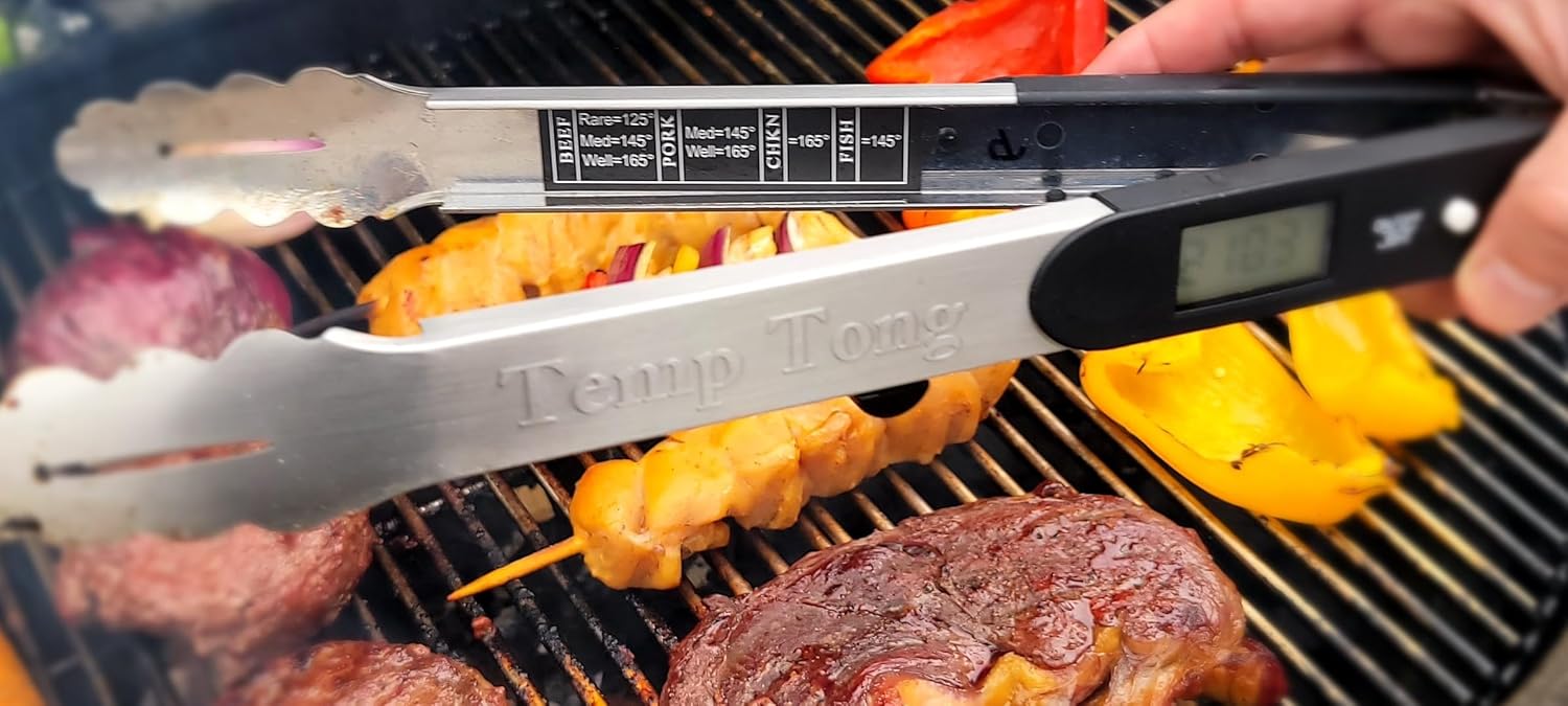 | Tongs Plus Thermometer | FDA Grade Stainless Steel | Great for BBQ or Grilling | Meat Thermometer | Heavy Duty | Silicone Grip