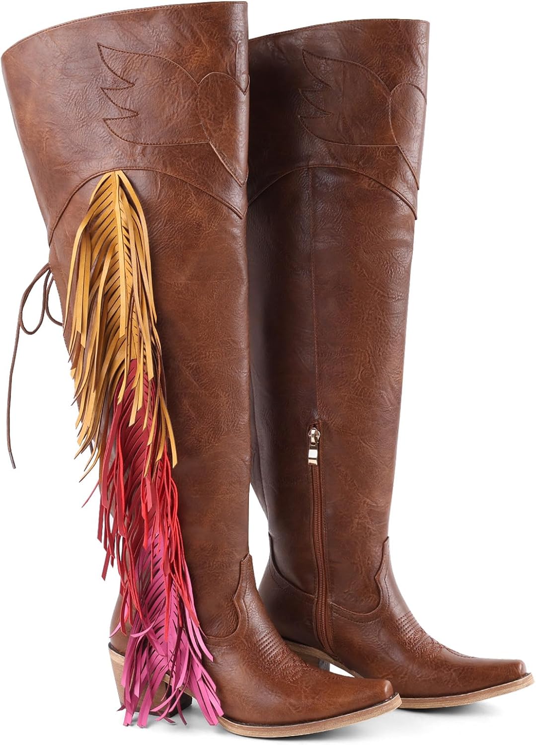 FancyQueen Faux Fur Boots for Women Knee High Furry Heel Boots Fashion Pointed Toe Snow Winter Boot Warm Women Boot