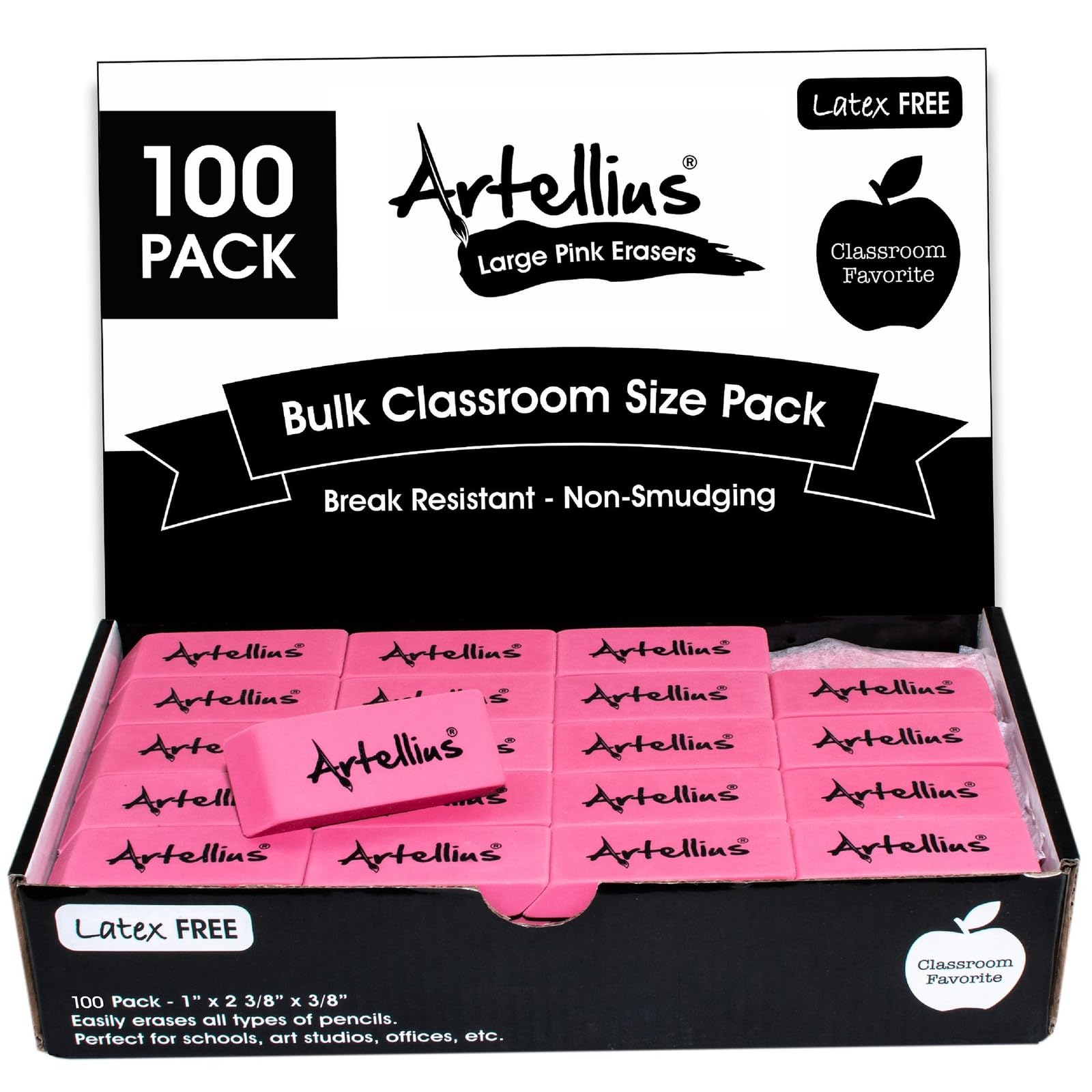 Artellius Pink Erasers | Latex & Smudge Free | Bulk School Supplies | Classrooms, Teachers, Homeschool, Office, Art Class | Large Size (Pack of 100)