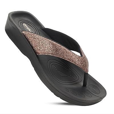 AEROTHOTIC Comfy Flip Flops for Women with Arch Support Orthotic Footbed Stylish Faux Leather Padded Straps with Soft Toe Post & Non-Slip Sole Slip On Casual Indoor and Outdoor Ladies Sandals