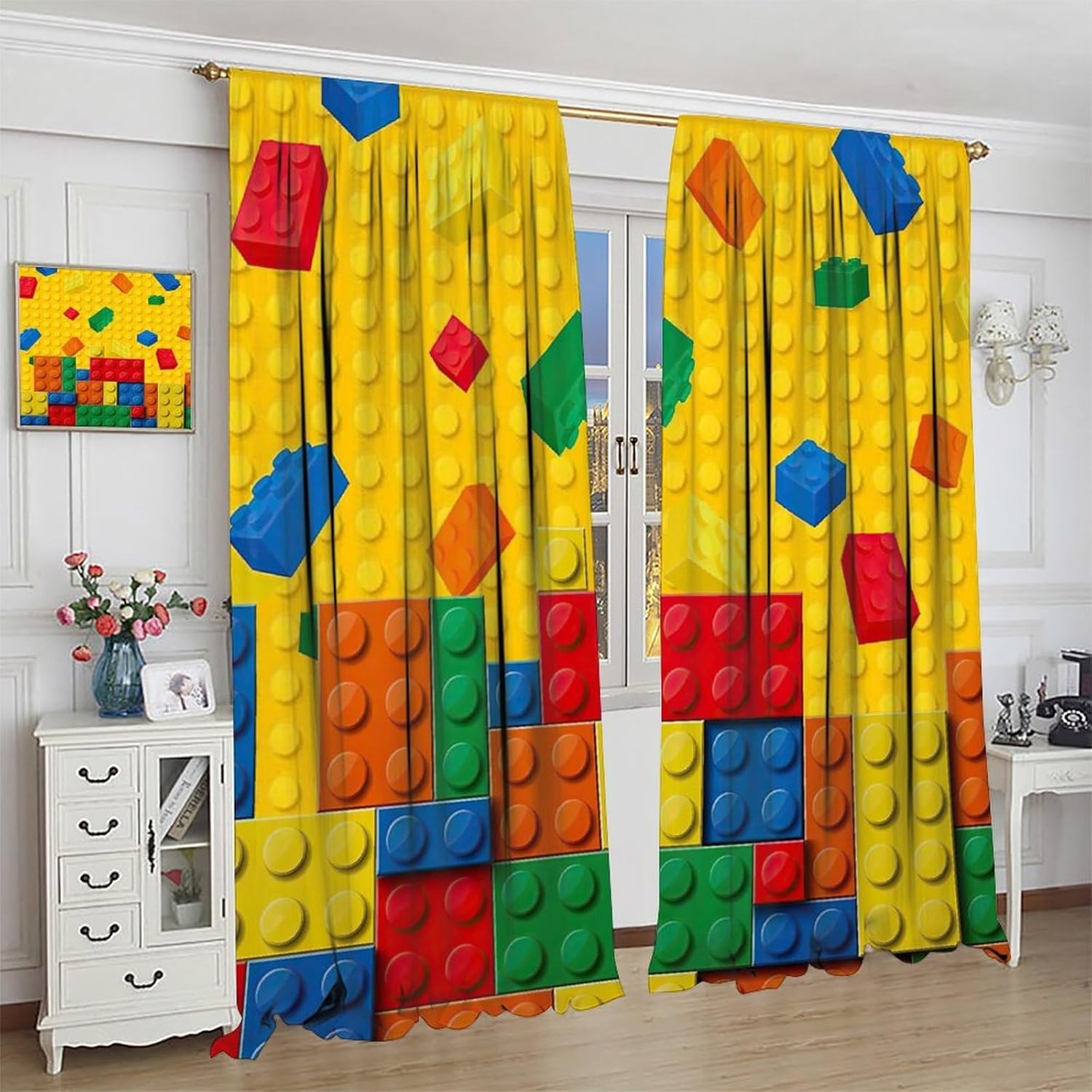 Kids Building Blocks Curtains，Boys Girls Teens Abstract Geometric Toy Curtains Toddlers Bedroom Playroom Blue Red Yellow Decor Window Drapes 2 Panel Set, 42"x45"Blackout