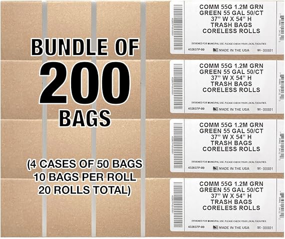 Ultrasac Heavy Duty 55 Gallon Green Trash Bags - (Value 200 Pack) - 1.5 MIL equivalent Industrial Strength Plastic 37 x 54 for 50-55 Gal Cans -Fits Toter, Rubbermaid Brute, Carlislie Bronco etc.