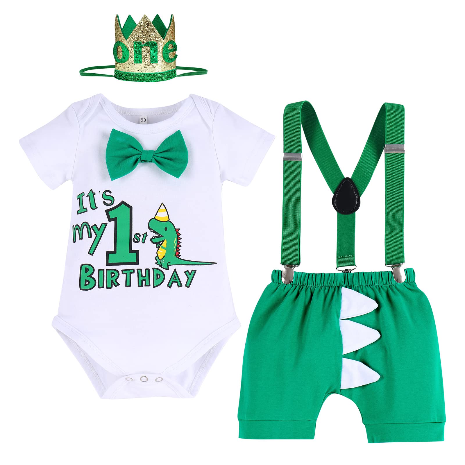 IBTOM CASTLEBaby Boy First Birthday Outfit Jungle Theme Romper+Shorts+Y-Back Suspenders+Headband 4PCS Clothes Photo Props