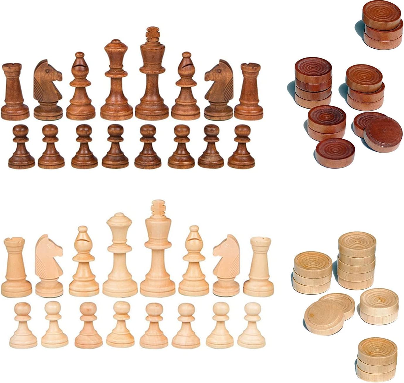 2 in 1 Chess Pieces Wood Chess Pieces + Checker Pieces Without Board (3.5 inches)