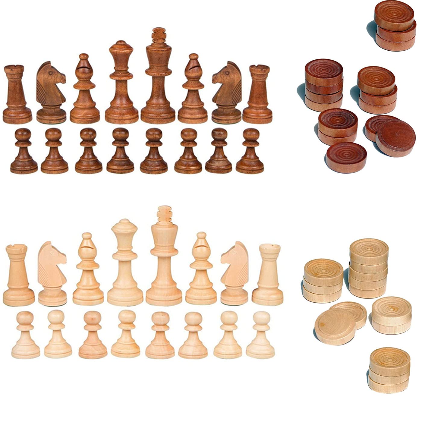 2 in 1 Chess Pieces Wood Chess Pieces + Checker Pieces Without Board (3.5 inches)