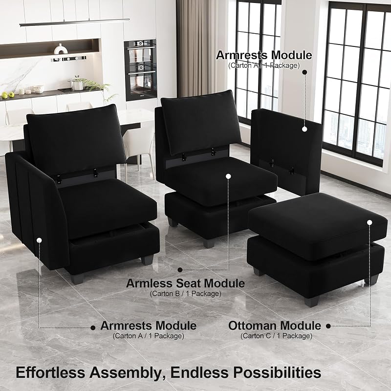 Belffin Oversized Modular Sectional Couch Sleeper Sofa with Storage Velvet Sectional Sofa Bed for Living Room, 12 Seats, Black image 4