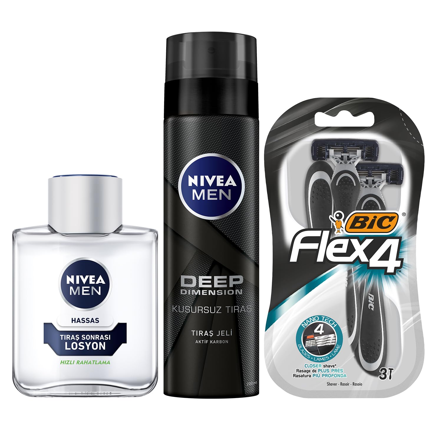 NIVEA Men Hassas Tıraş Sonrası Losyon 100 ml, Hassas Ciltler, Alkolsüz Formül, Hızlı Emilir + Tıraş Jeli Deep Dimension 200ml + BIC Flex 4 Erkek Tıraş Bıçağı 3'lü Blister (4 Bıçak)