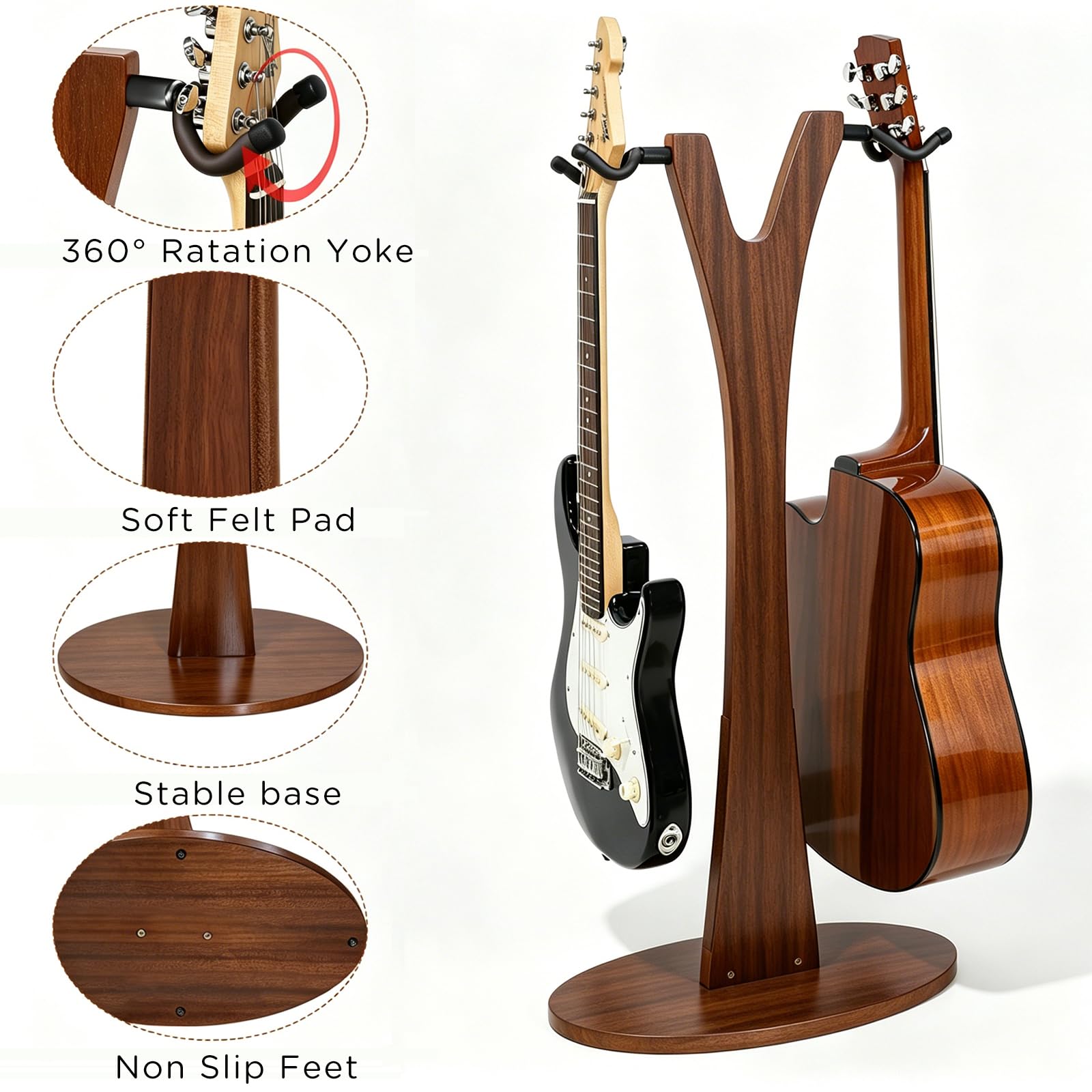 PUNK Soporte doble para guitarra, 2 soportes ajustables para guitarra, 2 soportes para guitarra eléctrica acústica, bajo, soporte de madera para múltiples guitarras, fácil de montar (nogal)