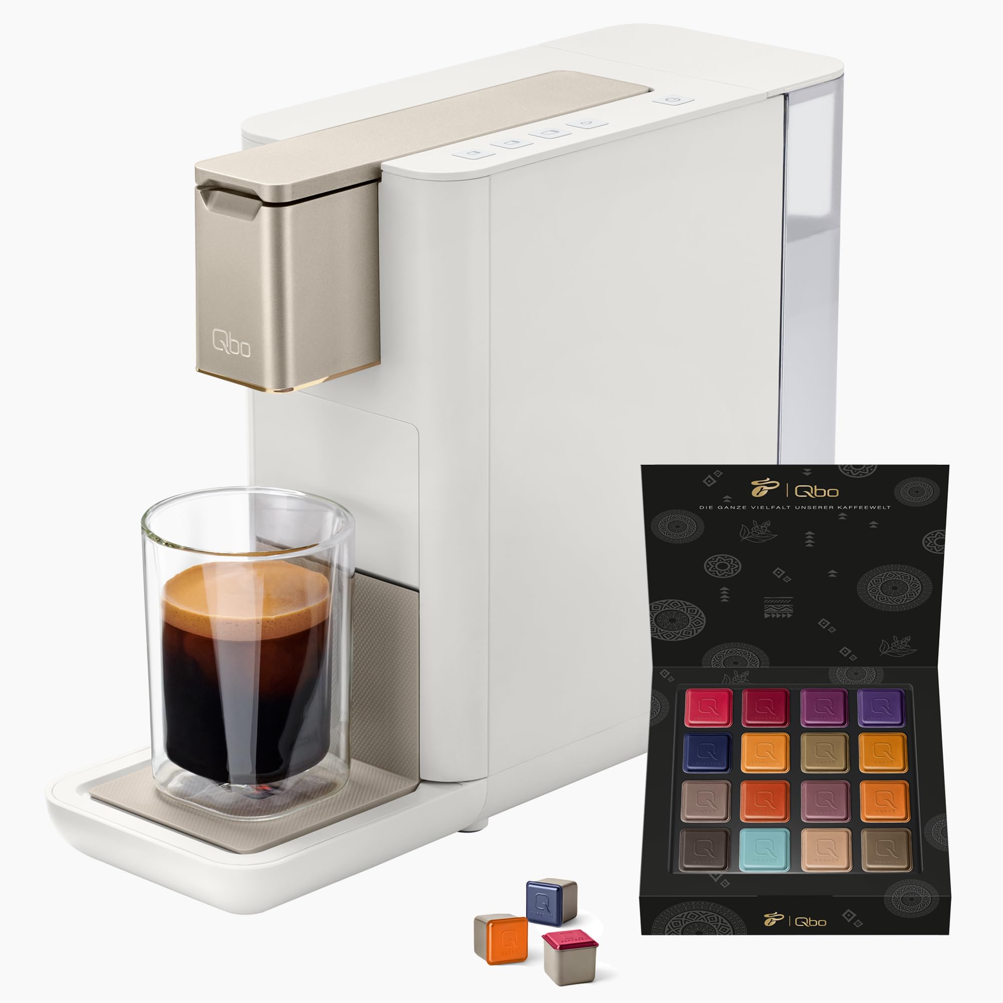 Tchibo Qbo ICONIC Premium Kapselmaschine – Light Gold, kompakt, inkl. 30 recycelbare Kapseln