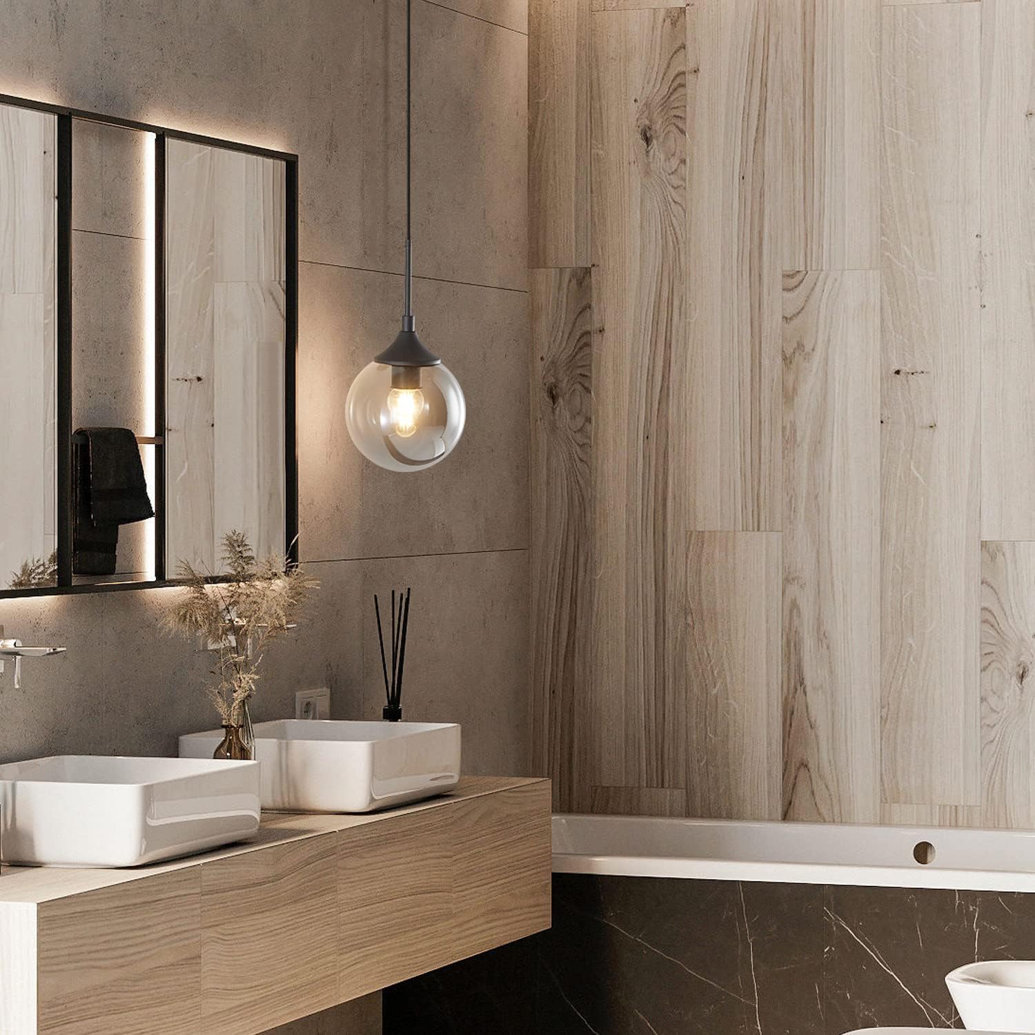 KCO Lighting Contemporary Black Pendant Light Fixture Glass Globe Ceiling Hanging Light Fixture with Adjustable Cord Mid Century Modern Kitchen Island Lighting (Smoke Grey)