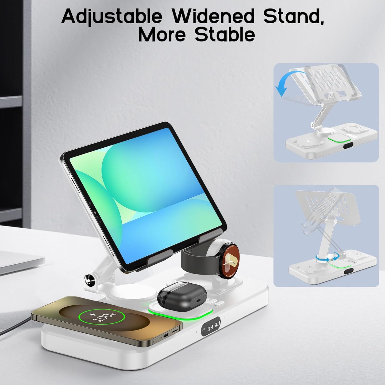 30W Wireless Charger for Samsung/Android Mag-Safe Charging Station with Clock/Light for Samsung S25/S24/S23 Ultra/Buds,for iPad/Tablet Foldable Stand, Watch Charger Only for Galaxy Watch 8/7/6/5,Pearl