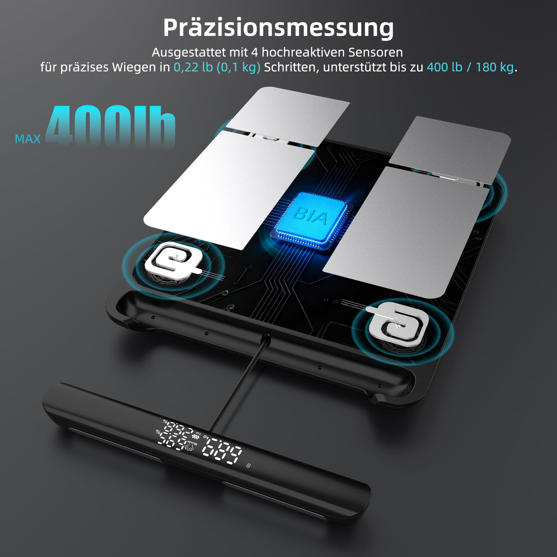 Körperfettwaage SEAWOW, Digitale Personenwaage mit 8 Elektroden, Waage mit Körperfett und Muskelmasse, BMI, Körperfett und Analyse von 28 Körperparametern, mit LED-Anzeige am einziehbaren Griff