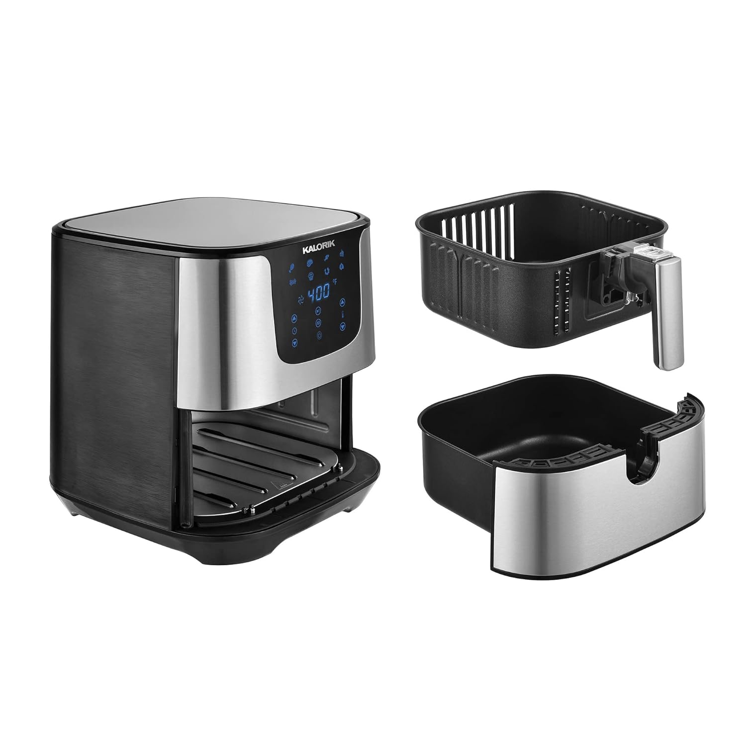 KALORIK Digital Air Fryer components: main unit, frying basket, and outer pan