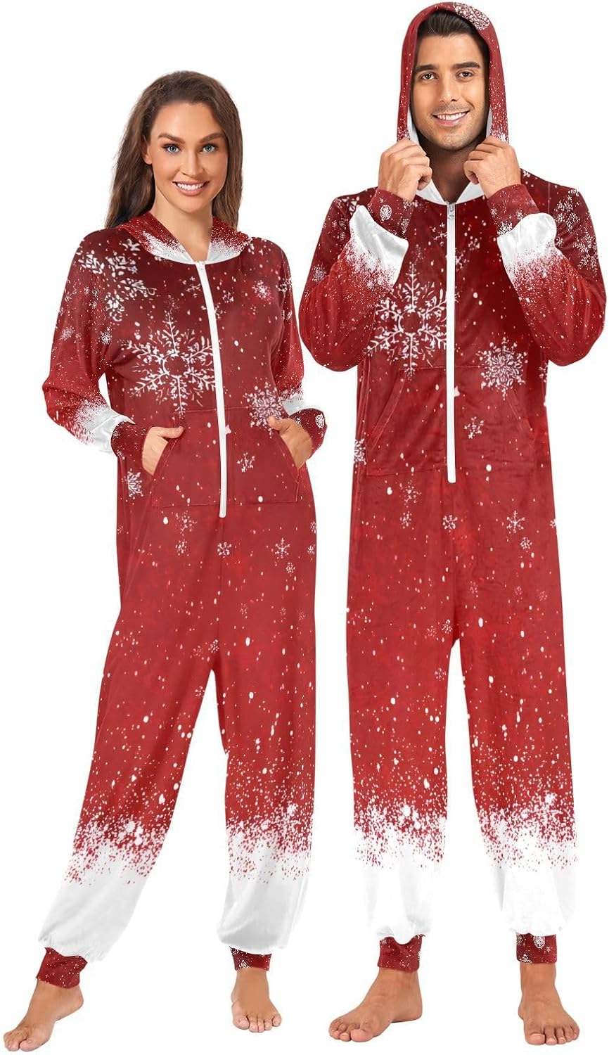 White Snowflakes Red Xmas I Adult Onesie Pajamas for Unisex Novelty One Piece Costume Sleepwear