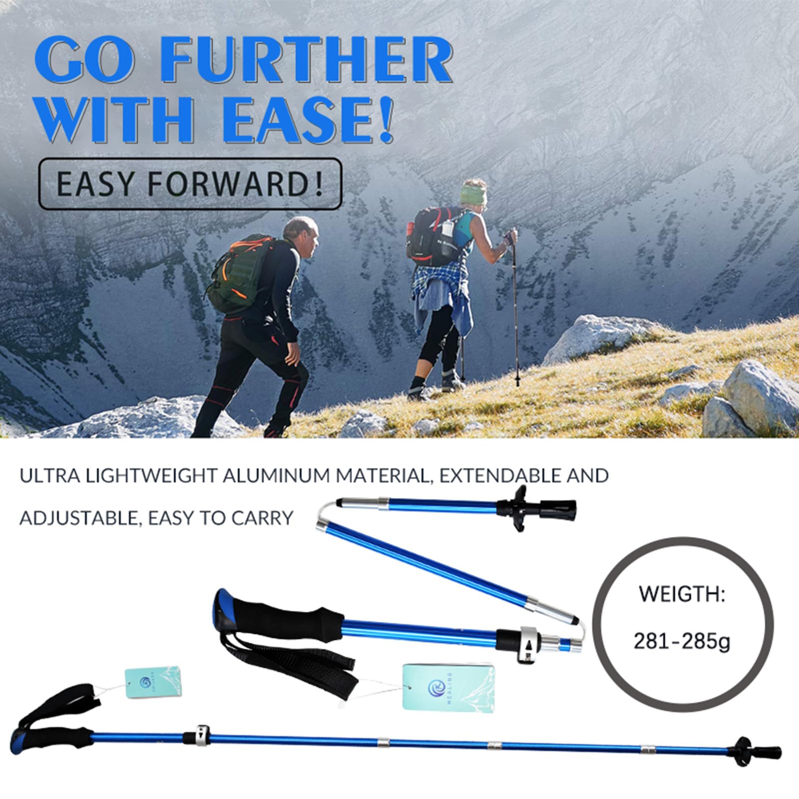 O kijki trekkingowe (2 ps), teleskopowe składane, kijki trekkingowe ze stopu aluminium, lekkie i trwałe, odpowiednie do wędrówek, wspinaczki (110-135 cm)