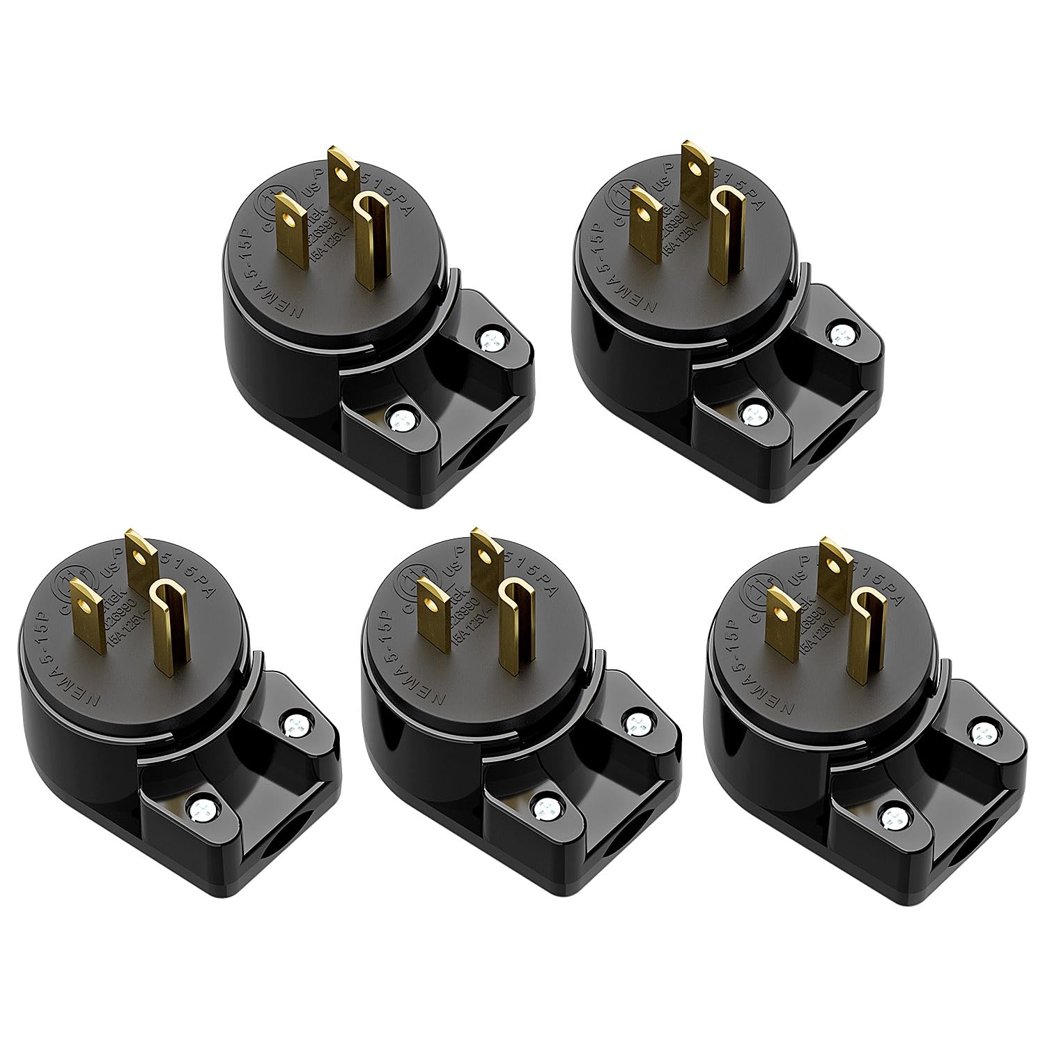 (5xPack) Right Angle Nema 5-15P Rewirable Plug, 15A 125V Household DIY AC Plug, 3 Prong 90 Degree Power Plug,12 Directions Male USA Canada AC Power Plug, Etl Listed,Black