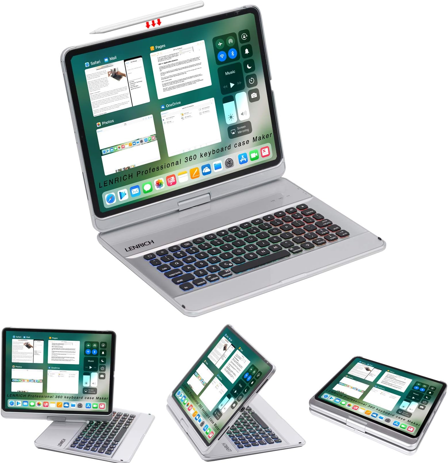 iPad pro 12.9 2018 3rd case Keyboard Backlit,7 Color Backlight 360 Rotatable Wireless Smart Folio 180 flip Swivel Stand Hard Shell Cover Auto Sleep/Wake up Silver