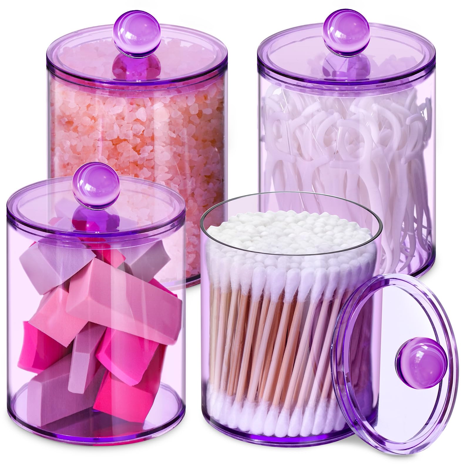 4 Pack Qtip Holder Apothecary Jars Cotton Ball Holder Dispenser Bathroom Jars With Lids Set For Cotton Round Cotton Swab 10Oz-12Oz Plastic Caniste 796647550038