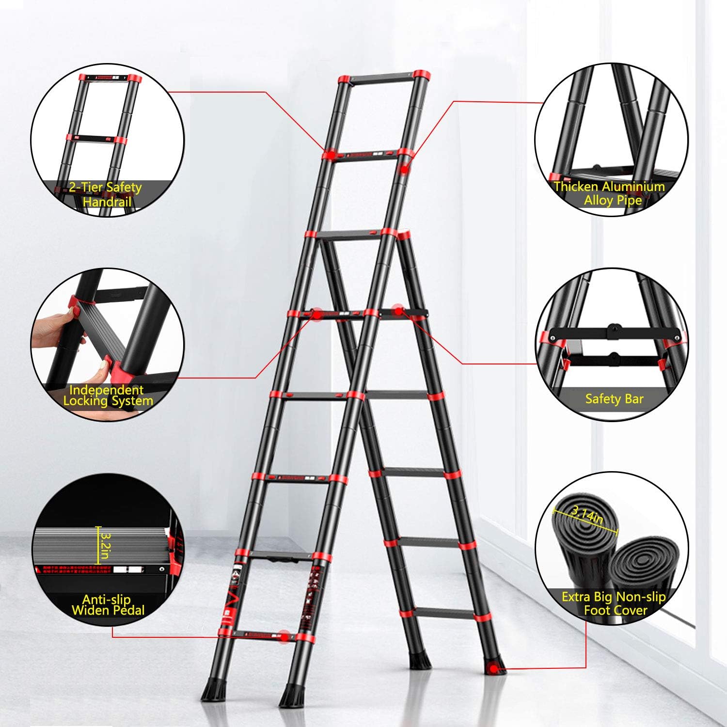Review Discount Telescoping Ladder A-Frame Aluminum Extension Ladder Lightweight Portable Multi-Purpose Folding Ladder with Detachable Tool Tray, 330 Pound Load Capacity