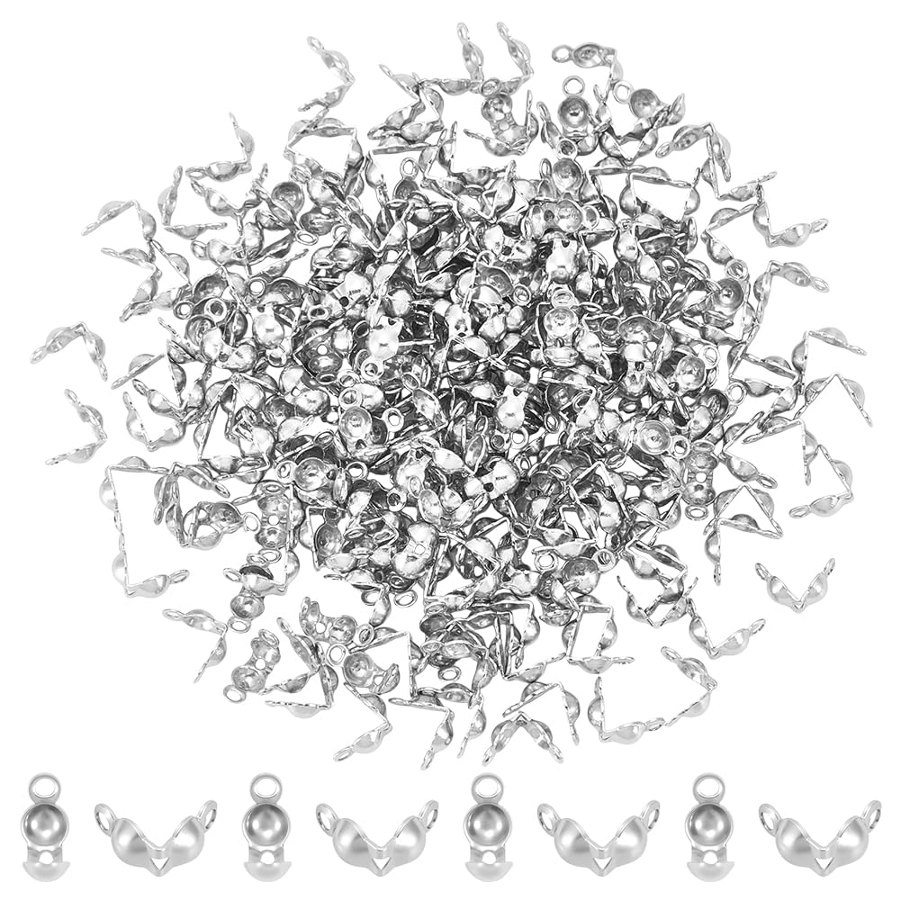 UNICRAFTALE About 250Pcs Stainless Steel Bead Tips Open Bead Tips Knot Covers Clamshell Calotte Bead Tip Metal Fold-Over Bead Tips 1mm Small Hole End