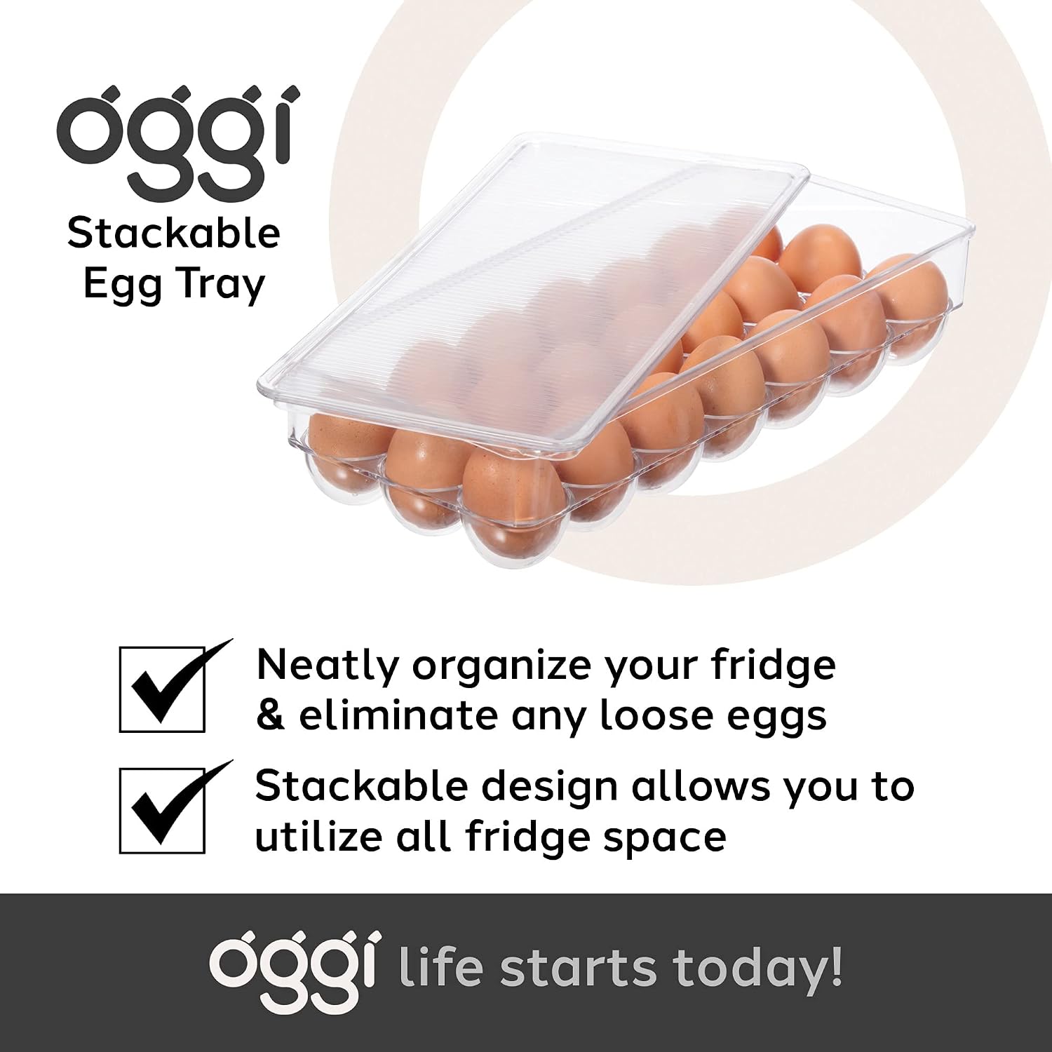 Oggi Stackable Covered Egg Holder - Kitchen Organization, Fridge Organizer, Food Storage, Clear Stackable Storage Bins, 21 Egg Tray