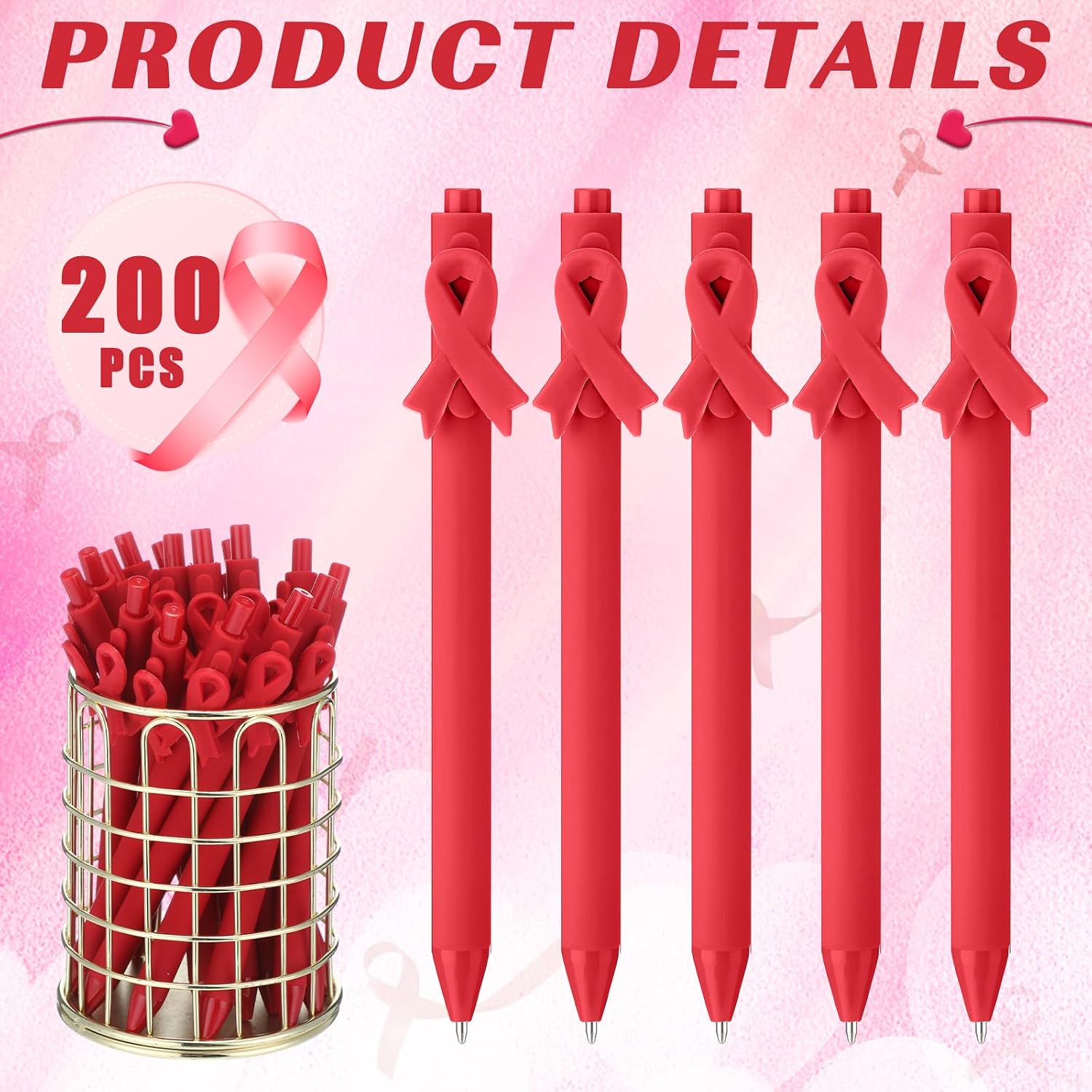 TecUnite 200 Pcs Heart Health Awareness Month Pen Bulk Red Ballpoint Pens Heart Disease CHD Awareness Week for Charity Public Activity Warrior Fundraising Office Charity Events Supplies