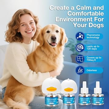 Dog Calming Pheromones Diffuser 6 in 1 Kit Appeasing Pheromone Diffuser to Calm (2 Plug in+4 Pack 48ml Refill) for Stress Barking Pee Accidents Chewing Aggression Separation Anxiety Relief 120 Days
