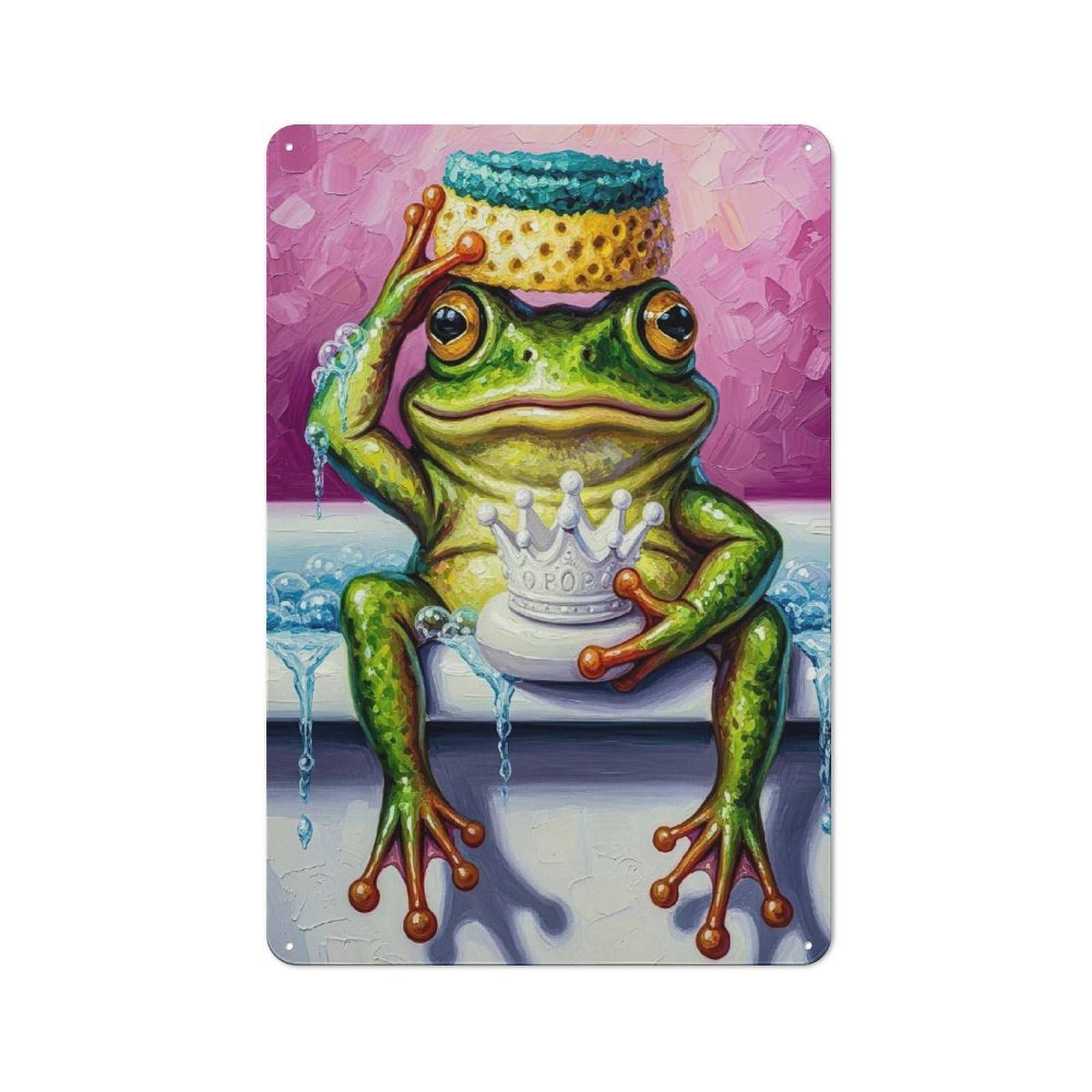 Junmoney Style-9 Tin Wall Plaque 30X20cm With Frog King In A Bathtub For Hobby Room Or Studio, For Kitchen, Dining Room And Home Bar Wall Decor