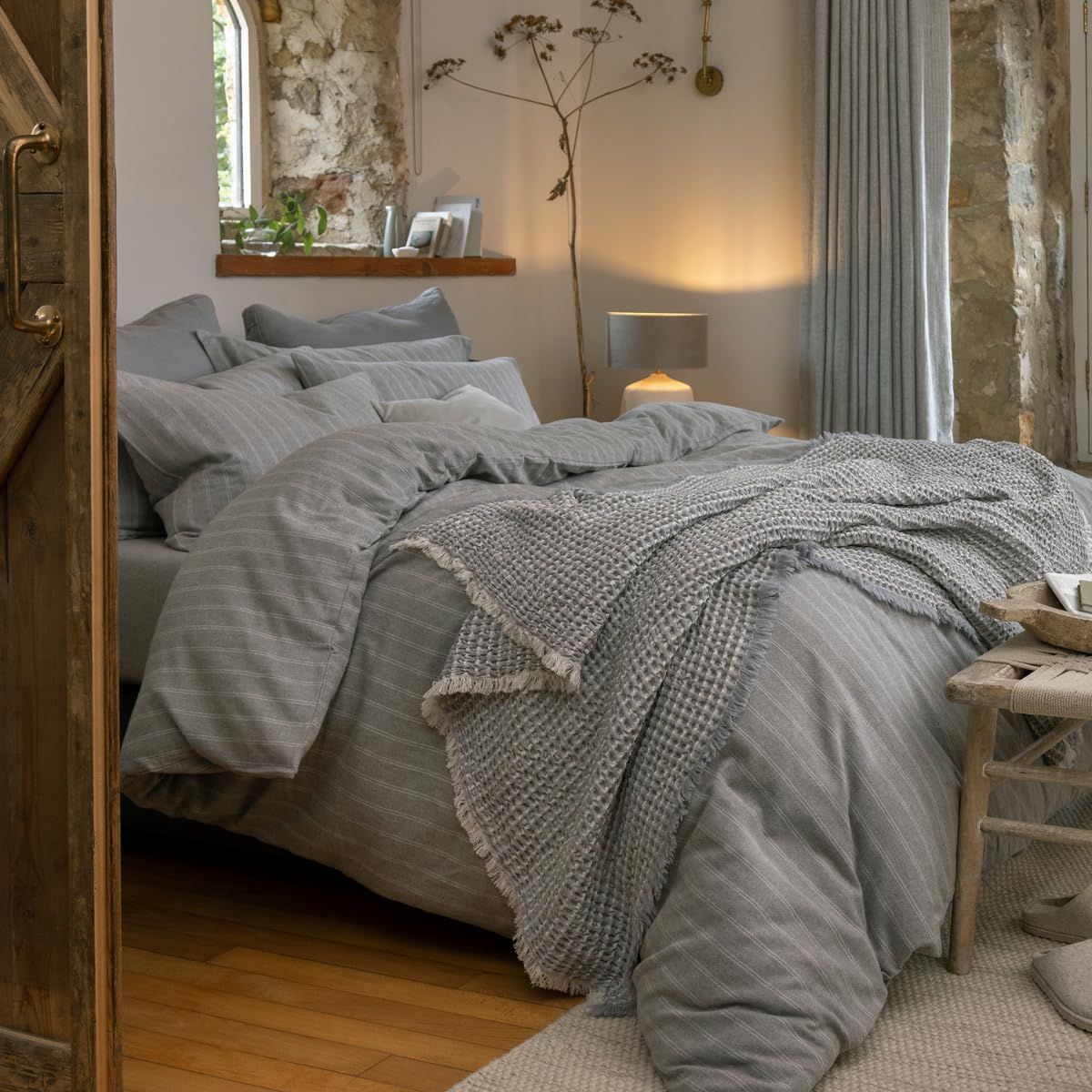 Christy Grey Flannel Stripe 100% Super Soft Brushed Cotton Duvet Sets In | Size: Super King