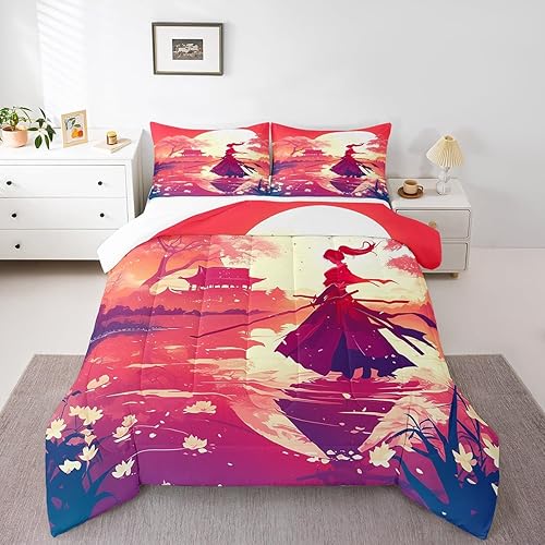 Miniatura 27 de Erosebridal Juego de edredón tamaño individual samurái de estilo japonés para niños y adultos, juego de ropa de cama de calavera roja y negra,