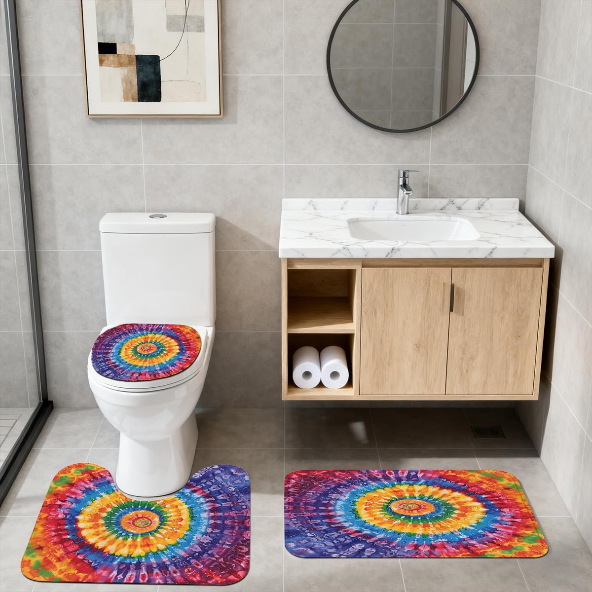 4 Piece Colorful Tie Dye Shower Curtain Set with Non-Slip Rugs, Toilet Lid Cover, Bath Mat Rainbow Spiral Hippie Bathroom Decor with 12 Hooks, 72 x 72 Inch image 3