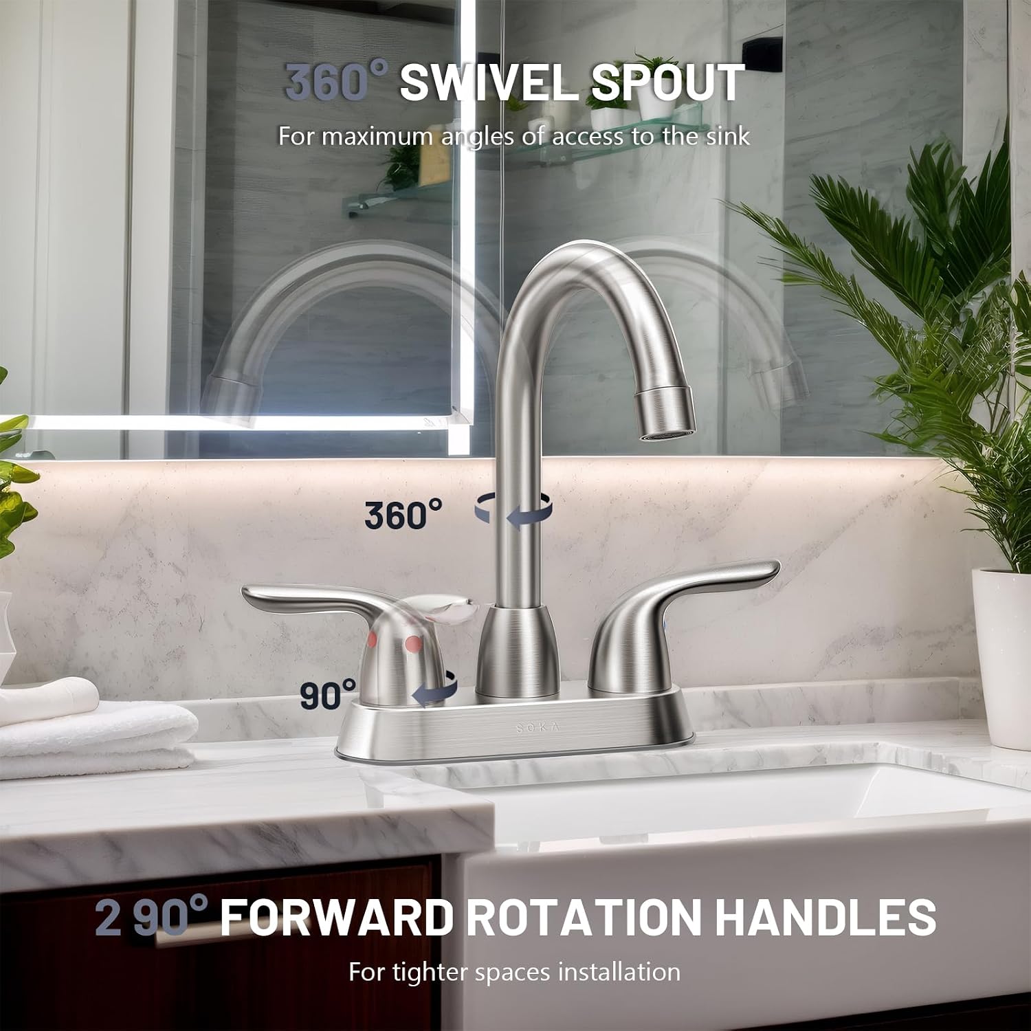 SOKA Bathroom Sink Faucet for 3 Hole, 4 Inch Stainless Steel Faucet for Bathroom, Bathroom Faucets with Deck Plate & Pop-Up Pop-Up Drain Assembly 2-Handle Faucet for Bathroom Sink Vanity RV Restroom