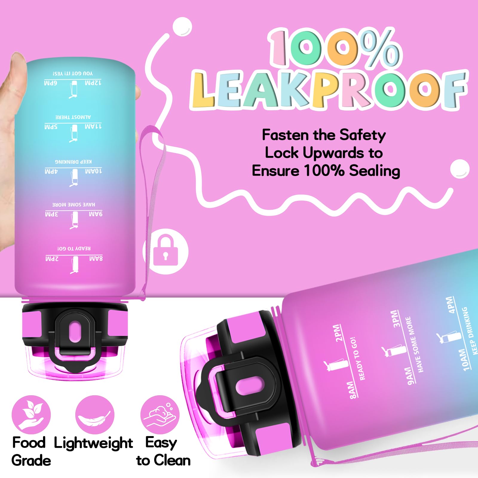 Borraccia, 500ml Borraccia Bambini, Borracce con Cannuccia, Senza Perdite, Water Bottle Motivazionale, Facile da Pulire, Bottiglia Acqua, Con Chiusura di Sicurezza, Borracce per Scuole, Corsa, Ufficio