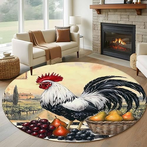 Miniatura 11 de 3ft Round Rug, Rooster Non-Skid Rubber Backing Large Area Rugs - Living Room Bedroom Home Office, Retro Pastoral Animals Watercolor Indoor Floor