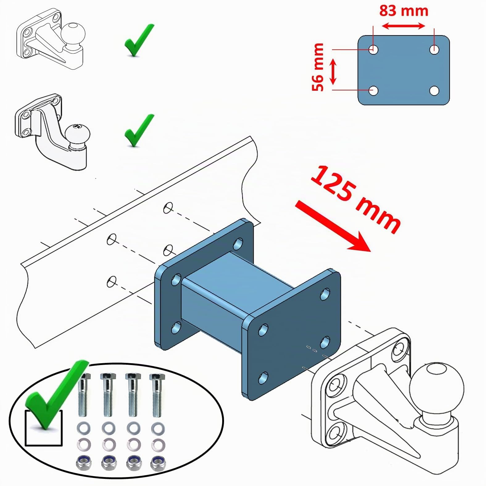 Rallonge universelle pour boule à bride AHK à 4 trous avec espacement des trous 83 mm x 56 mm (125 mm)