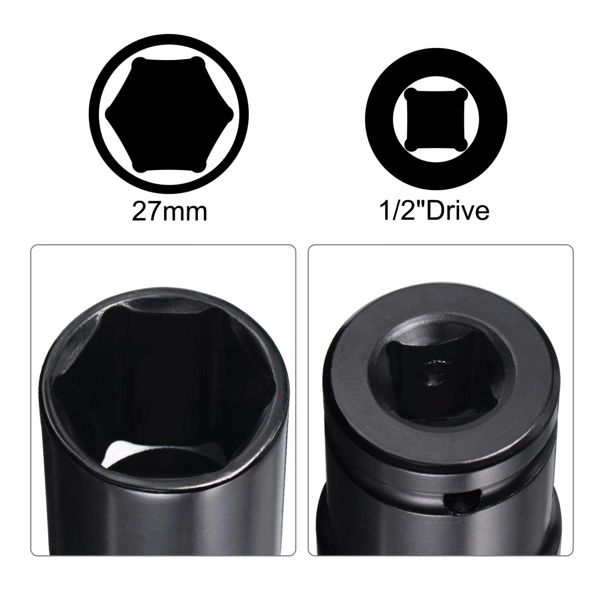 TA-VIGOR 1/2" Drive Socket Accessory Set, 27mm 6-Point Deep Impact Sockets 3" Length and 1/2" to 1/4" Hex Shank Adapters - Image 3