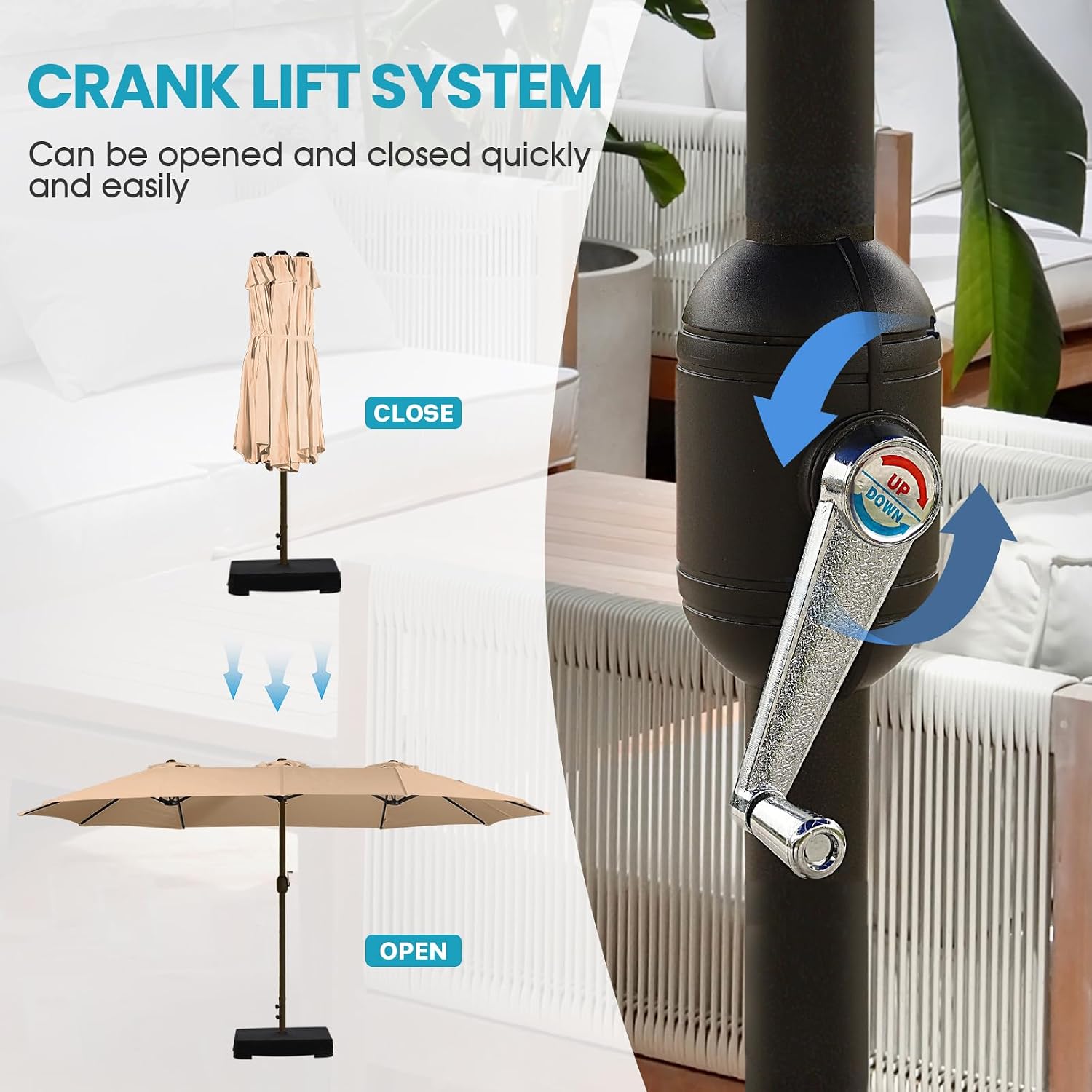 Aoodor 15 Ft Patio Umbrella with Base Included, Outdoor Double-Sided Rectangle Umbrella with Crank, Large Market Umbrella for Poolside, Lawn, Backyard, Porch