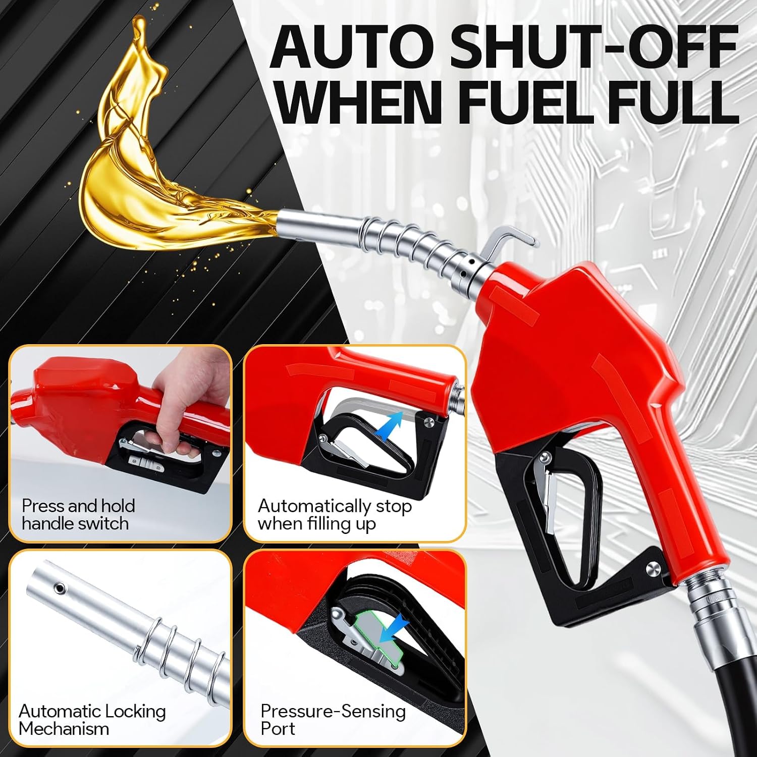110V AC 15 GPM Fuel Transfer Pump kit with Automatic Nozzle and 4M Hose Kit, 250W Fuel Transfer Pump For Gasoline, Diesel, Kerosene, Ethanol & Methanol Blends, and Biodiesel