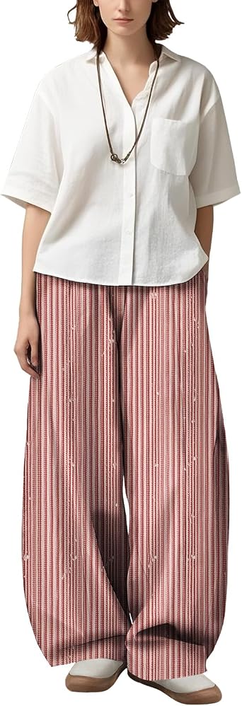Womens Wide Leg Palazzo Pants Colorful Striped Print Lightweight Fall Trousers Bohemian Artistic Loose Fit Casual